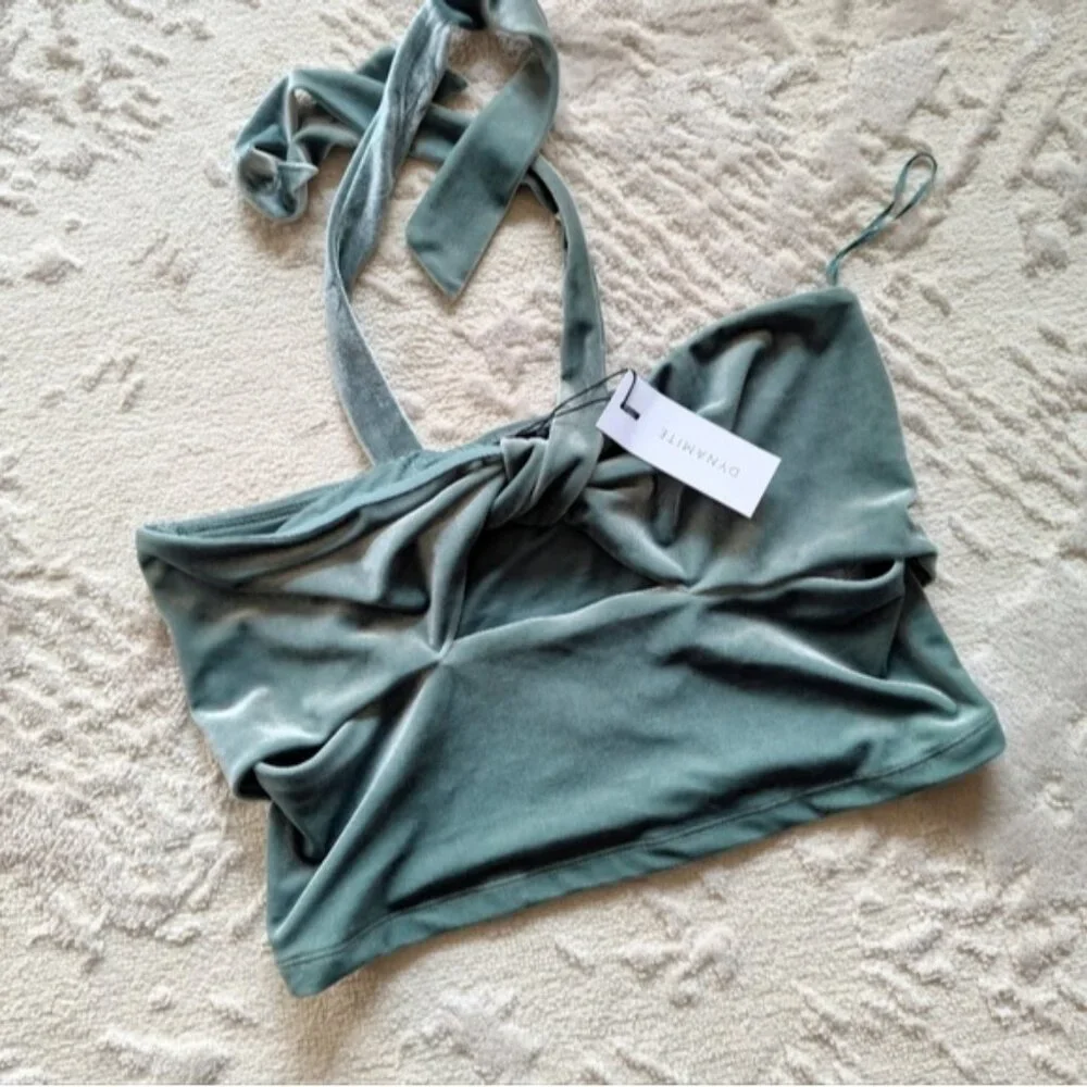 NWT Dynamite Velvet Halter Top with Cut Out - Green - Picture 5 of 8